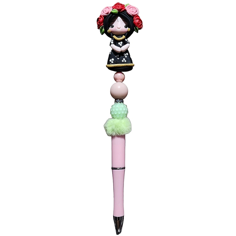 Spanish Clay Doll Custom Beaded Ballpoint Twist Pen Blacl Pink